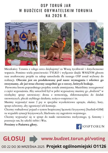 OSP Toruń Jar walczy o budżet obywatelski – potrzebne głosy na doposażenie