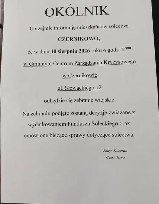Zebranie wiejskie w Czernikowie – podział funduszu sołeckiego i sprawy bieżące