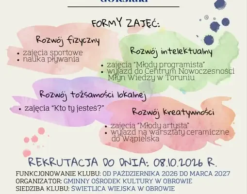 Klub Młodzieżowy w Obrowie – zapisy do 7 października