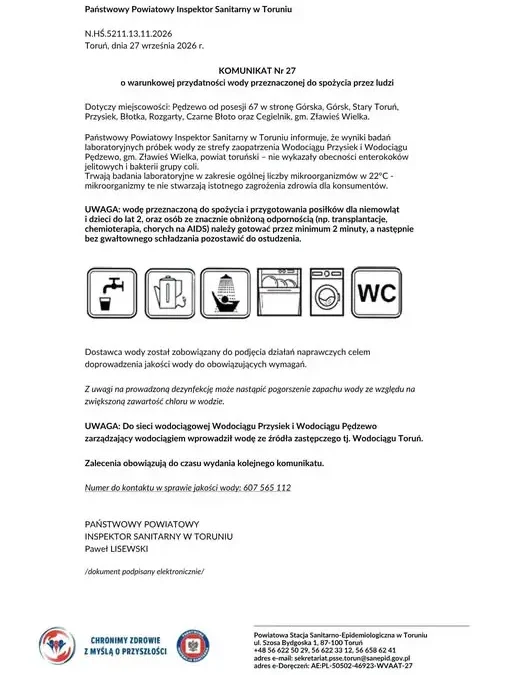 Sanepid: woda w gminie Zławieś Wielka warunkowo przydatna do spożycia