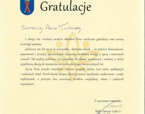 Setne urodziny Pana Tadeusza Kowalskiego ze Złotoria. Gmina Lubicz ma czworo stulatków