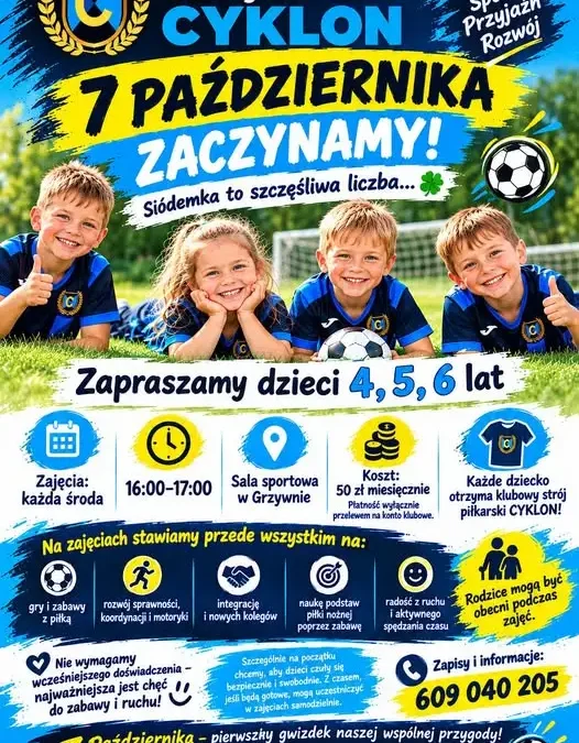 Klub CYKLON z Grzywny zaprasza dzieci na zajęcia piłkarskie – start 7 października