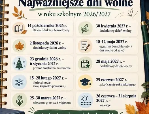 Kalendarz roku szkolnego 2026/2027 – dni wolne i przerwy w nauce