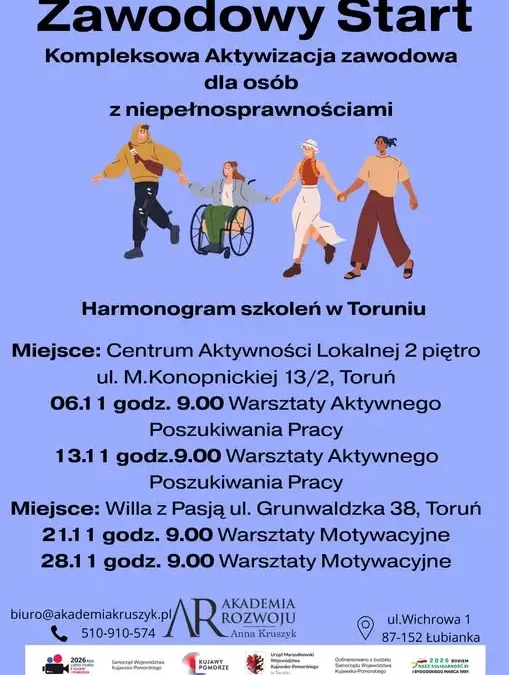 „Zawodowy Start” – bezpłatne warsztaty i wsparcie pracy dla osób z niepełnosprawnościami z powiatu toruńskiego