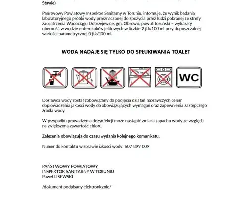 Sanepid w Toruniu: woda niezdatna do spożycia w Dobrzejewicach i Zawałach. Strażacy dostarczają wodę pitną