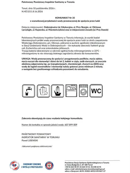 Woda z wodociągu Dobrzejewice warunkowo przydatna do spożycia. Sanepid wydał komunikat