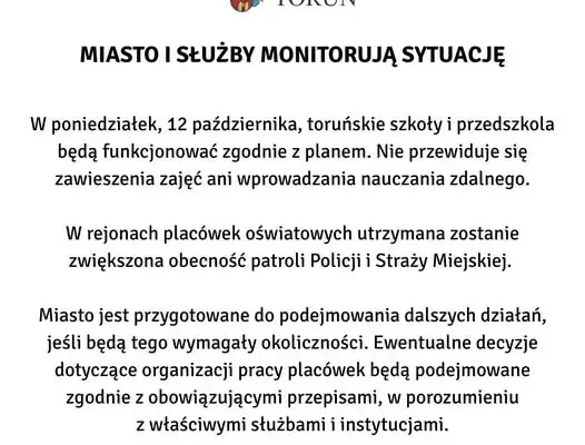 Toruńskie szkoły i przedszkola w poniedziałek pracują normalnie. Miasto uspokaja i apeluje o rozwagę