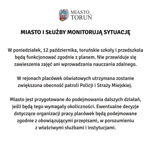 Toruńskie szkoły i przedszkola w poniedziałek pracują normalnie. Miasto uspokaja i apeluje o rozwagę